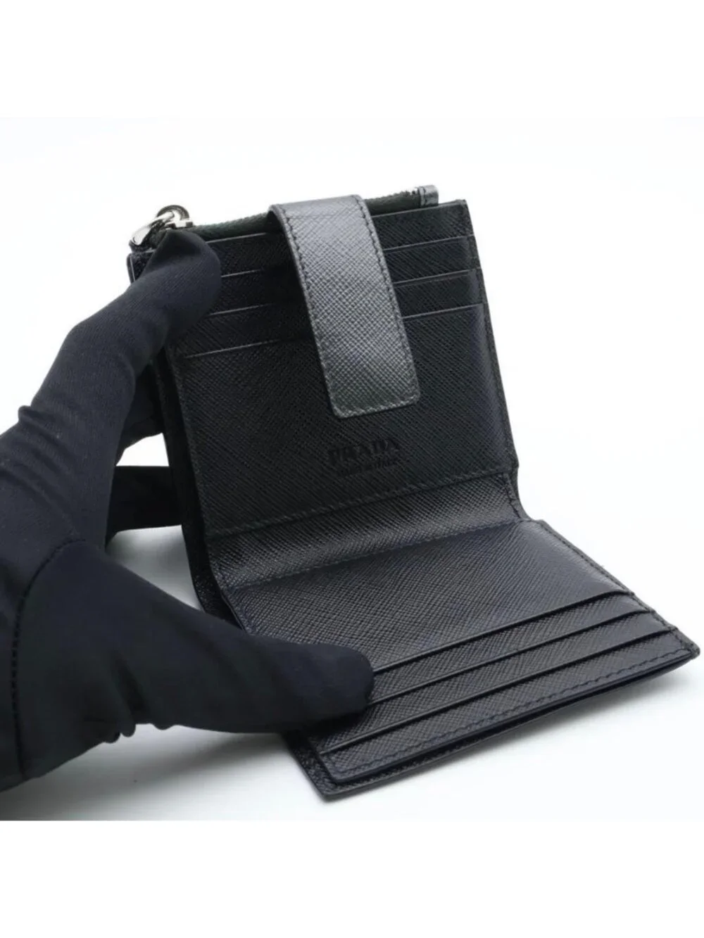 Prada Metal Logo Bifold Wallet Metallic Gray Black